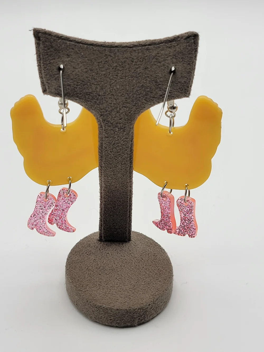 Funny Funky Yellow pink Glitter Chicken Dangle earrings - Picture 6 of 8